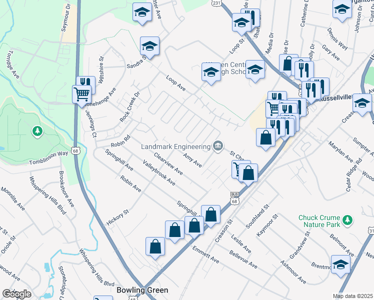 map of restaurants, bars, coffee shops, grocery stores, and more near 212-218 Amy Ave in Bowling Green