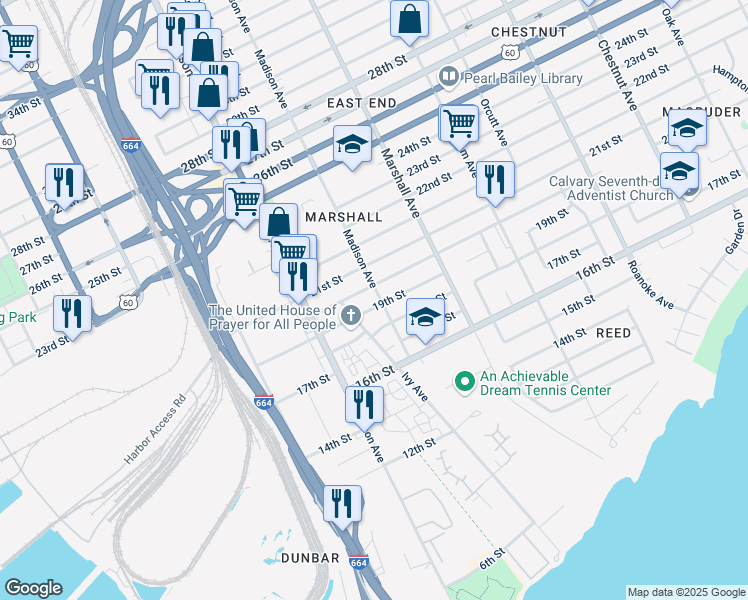 map of restaurants, bars, coffee shops, grocery stores, and more near 1905 Madison Avenue in Newport News