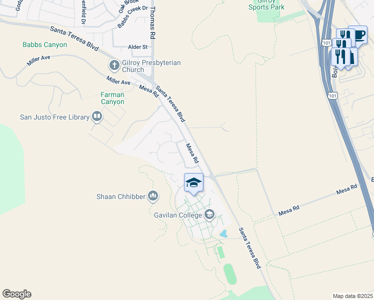 map of restaurants, bars, coffee shops, grocery stores, and more near 5465 Mesa Road in Gilroy