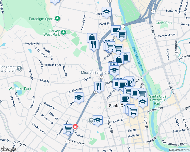 map of restaurants, bars, coffee shops, grocery stores, and more near 260 High Street in Santa Cruz
