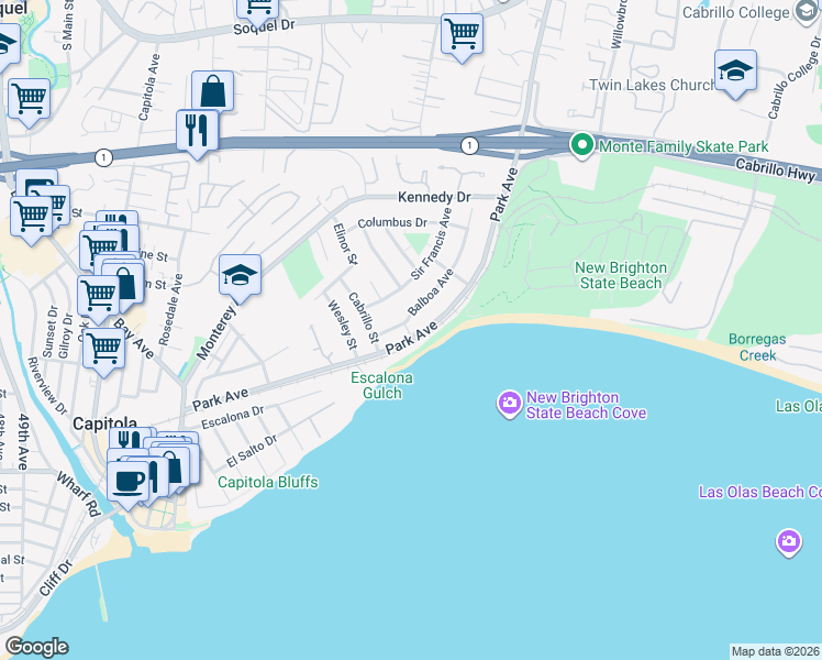 map of restaurants, bars, coffee shops, grocery stores, and more near 825 Balboa Avenue in Capitola