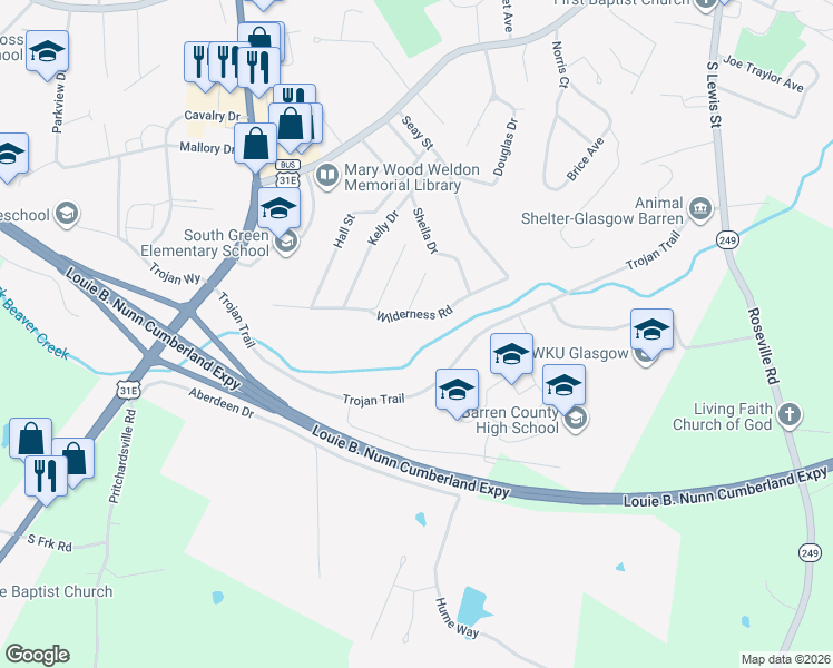 map of restaurants, bars, coffee shops, grocery stores, and more near 246-398 Wilderness Road in Glasgow