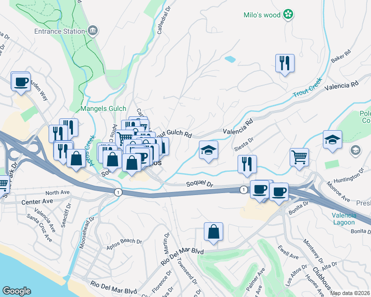map of restaurants, bars, coffee shops, grocery stores, and more near 9 Oak Shadows Lane in Aptos