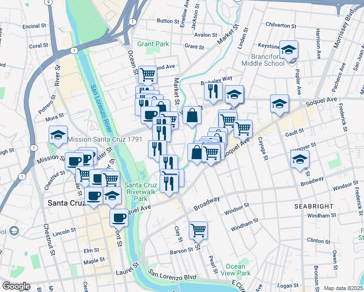 map of restaurants, bars, coffee shops, grocery stores, and more near 218 Leonard Street in Santa Cruz