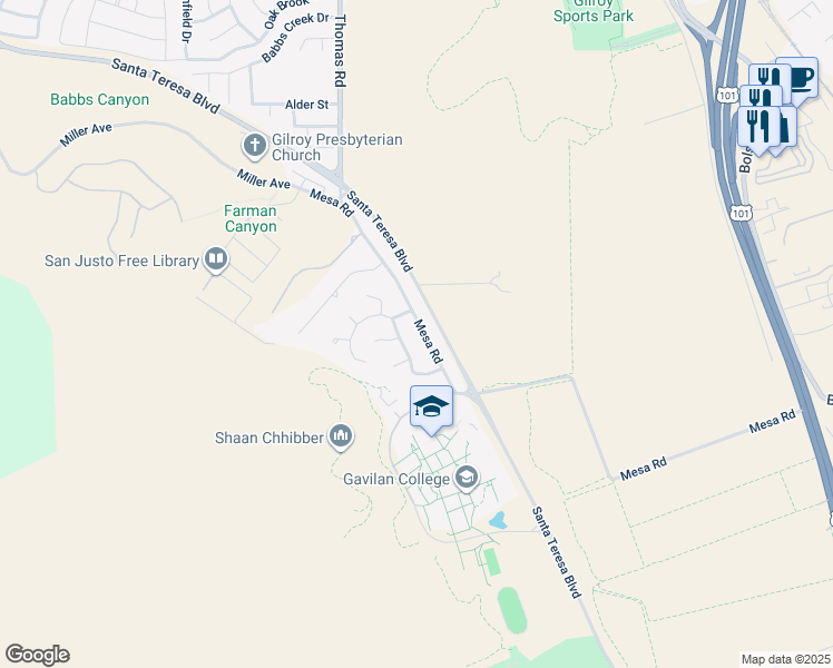 map of restaurants, bars, coffee shops, grocery stores, and more near 5465 Mesa Road in Gilroy