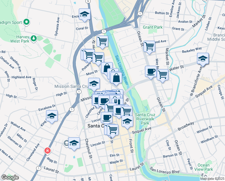 map of restaurants, bars, coffee shops, grocery stores, and more near 120 Bulkhead Street in Santa Cruz