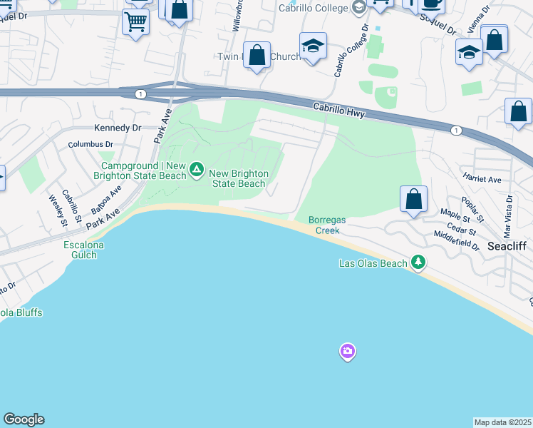 map of restaurants, bars, coffee shops, grocery stores, and more near 16 Potbelly Beach Road in Aptos