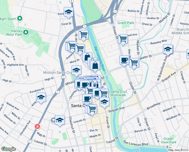 map of restaurants, bars, coffee shops, grocery stores, and more near 2030 North Pacific Avenue in Santa Cruz
