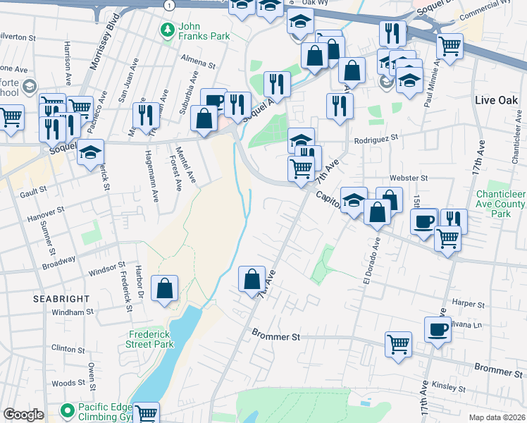 map of restaurants, bars, coffee shops, grocery stores, and more near 1651 Taylor Lane in Santa Cruz