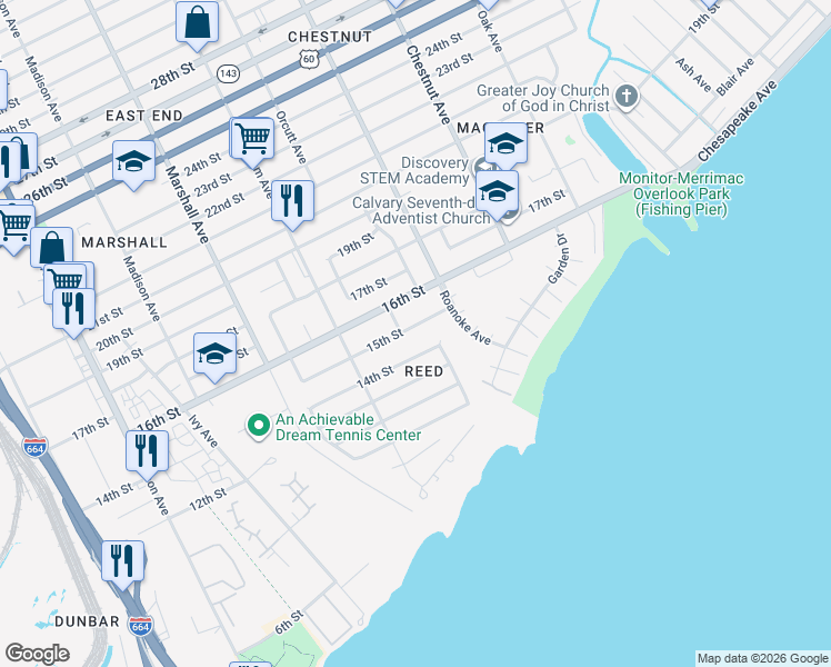 map of restaurants, bars, coffee shops, grocery stores, and more near 955 14th Street in Newport News