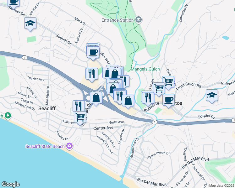 map of restaurants, bars, coffee shops, grocery stores, and more near 48 Rancho Del Mar in Aptos