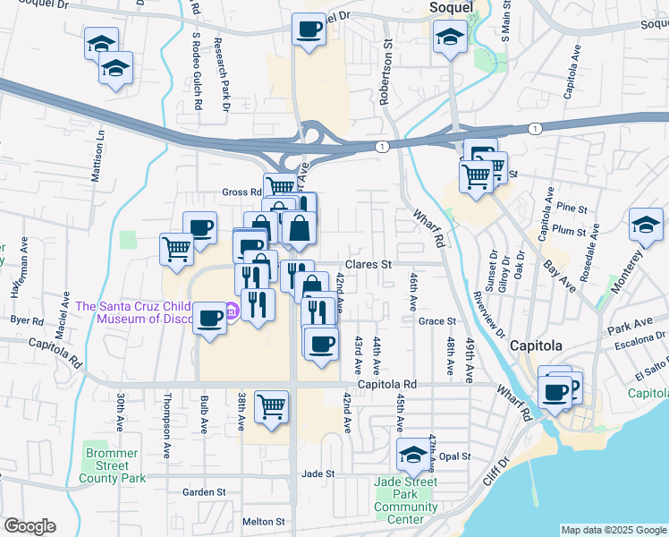 map of restaurants, bars, coffee shops, grocery stores, and more near 1975 42nd Avenue in Capitola