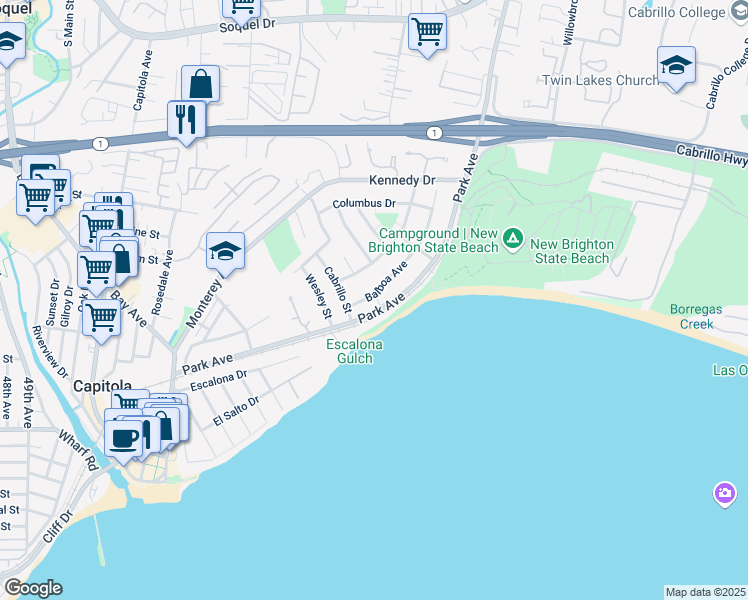 map of restaurants, bars, coffee shops, grocery stores, and more near 825 Balboa Avenue in Capitola