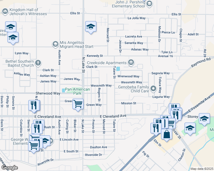 map of restaurants, bars, coffee shops, grocery stores, and more near 1399 Merced Street in Madera