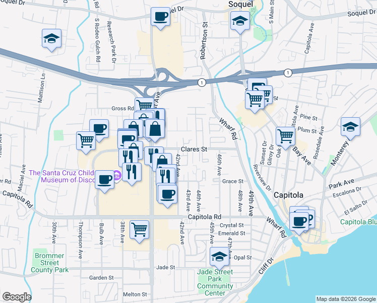 map of restaurants, bars, coffee shops, grocery stores, and more near 4223 Sea Pines Court in Capitola