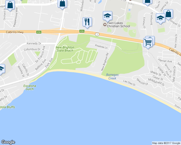 map of restaurants, bars, coffee shops, grocery stores, and more near 14 Potbelly Beach Road in Aptos