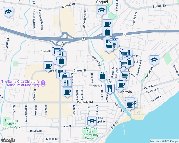 map of restaurants, bars, coffee shops, grocery stores, and more near 1970 46th Avenue in Capitola