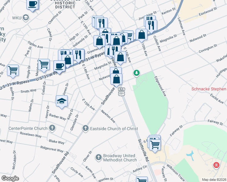 map of restaurants, bars, coffee shops, grocery stores, and more near 1204 Smallhouse Road in Bowling Green