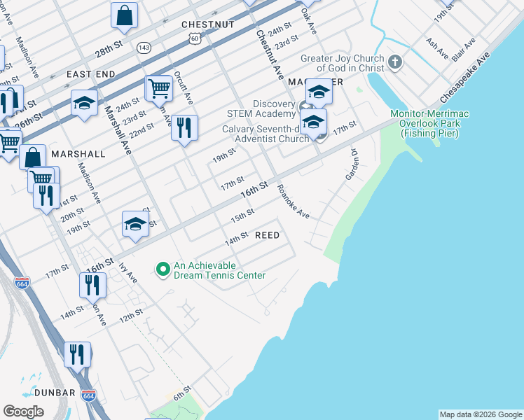 map of restaurants, bars, coffee shops, grocery stores, and more near 955 14th Street in Newport News