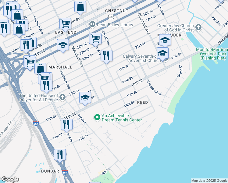 map of restaurants, bars, coffee shops, grocery stores, and more near 839 16th Street in Newport News
