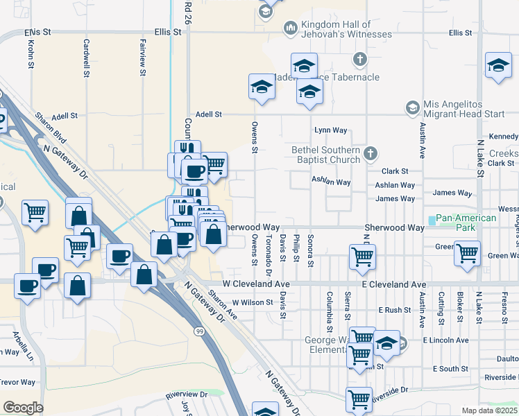 map of restaurants, bars, coffee shops, grocery stores, and more near 1323 Owens Street in Madera