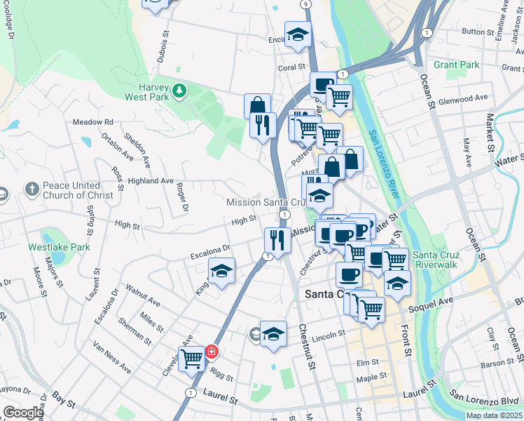 map of restaurants, bars, coffee shops, grocery stores, and more near 247 High Street in Santa Cruz
