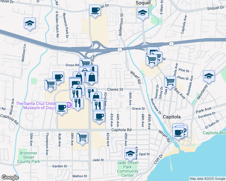 map of restaurants, bars, coffee shops, grocery stores, and more near 4223 Sea Pines Court in Capitola