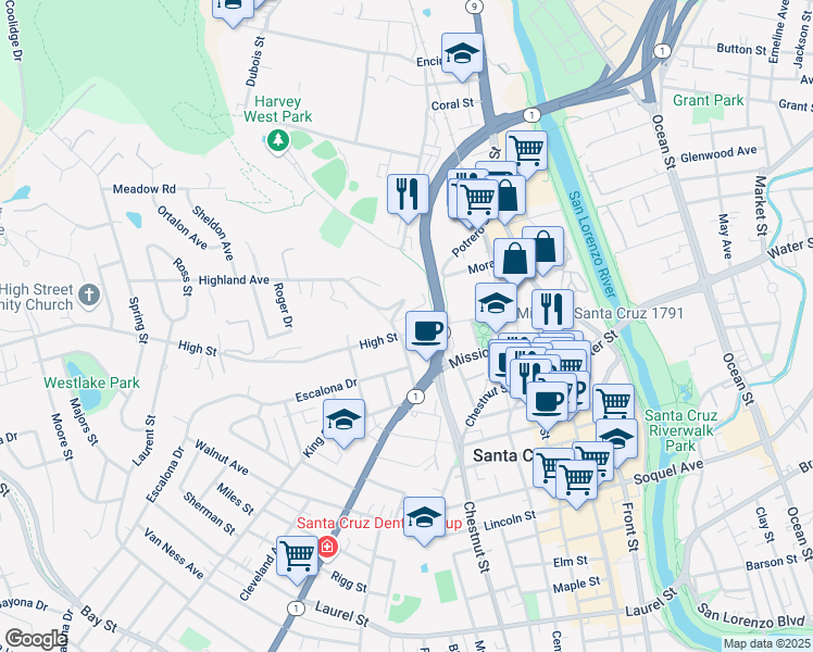 map of restaurants, bars, coffee shops, grocery stores, and more near 260 High Street in Santa Cruz