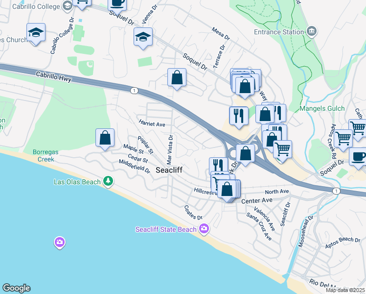 map of restaurants, bars, coffee shops, grocery stores, and more near 220 Mar Vista Drive in Aptos