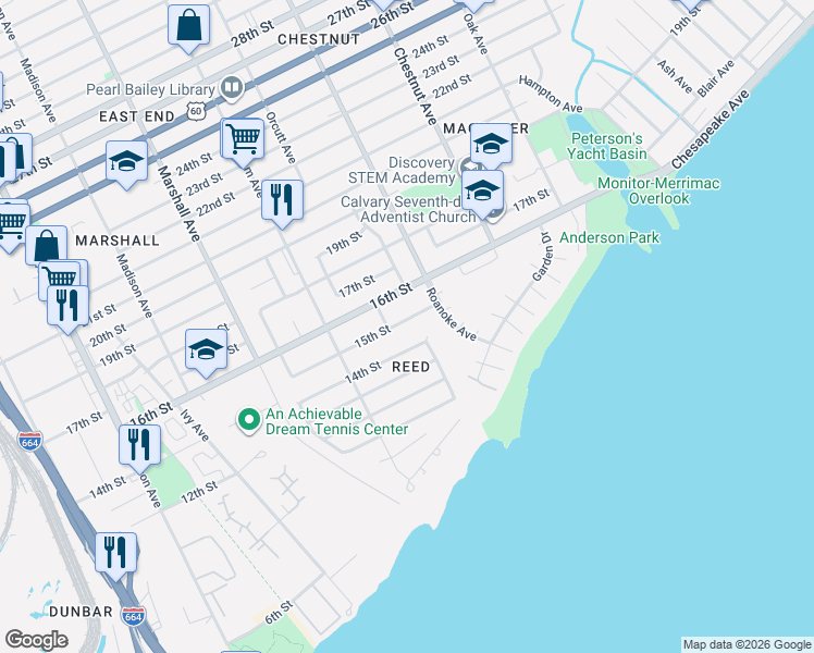 map of restaurants, bars, coffee shops, grocery stores, and more near 955 14th Street in Newport News