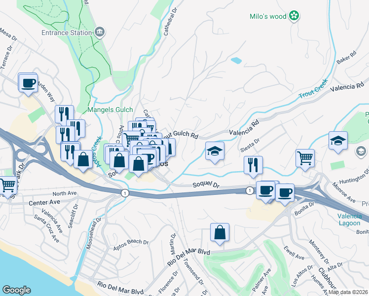 map of restaurants, bars, coffee shops, grocery stores, and more near 43 Knollwood Drive in Aptos