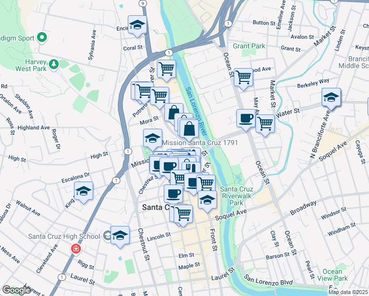 map of restaurants, bars, coffee shops, grocery stores, and more near 120 Bulkhead Street in Santa Cruz
