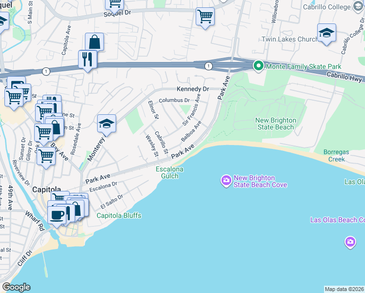 map of restaurants, bars, coffee shops, grocery stores, and more near 825 Balboa Avenue in Capitola