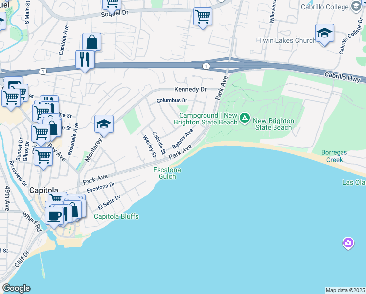 map of restaurants, bars, coffee shops, grocery stores, and more near 825 Balboa Avenue in Capitola