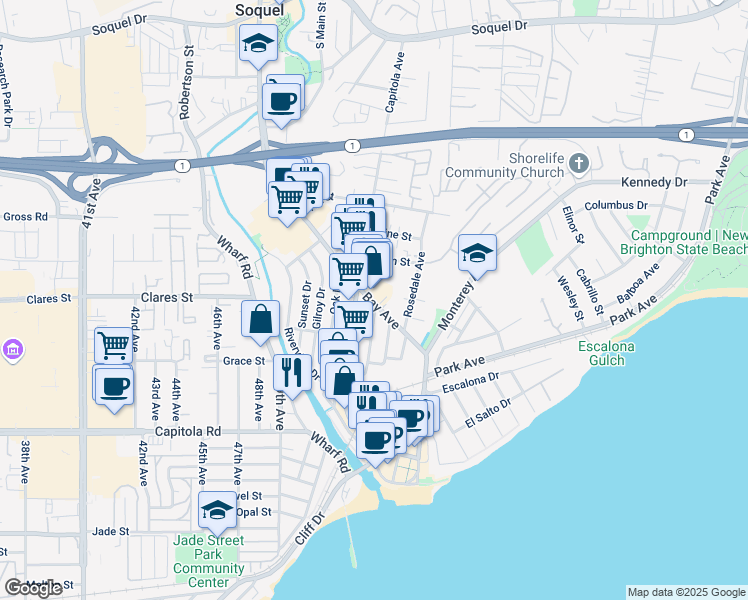 map of restaurants, bars, coffee shops, grocery stores, and more near in Capitola