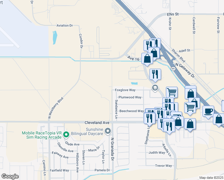 map of restaurants, bars, coffee shops, grocery stores, and more near N Granada Dr & Foxglove Way in Madera