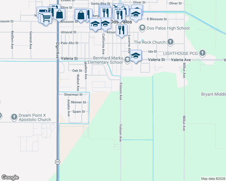 map of restaurants, bars, coffee shops, grocery stores, and more near 2075 McIntyre Street in Dos Palos