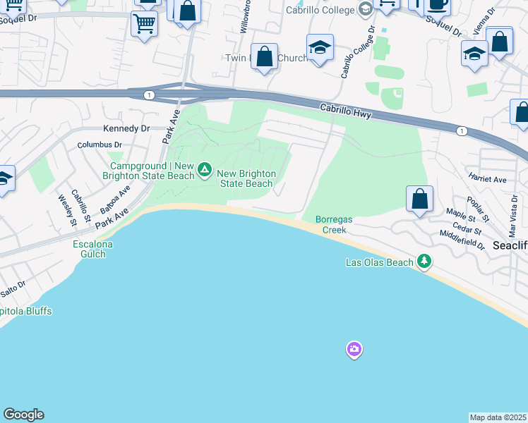 map of restaurants, bars, coffee shops, grocery stores, and more near 10 Potbelly Beach Road in Aptos