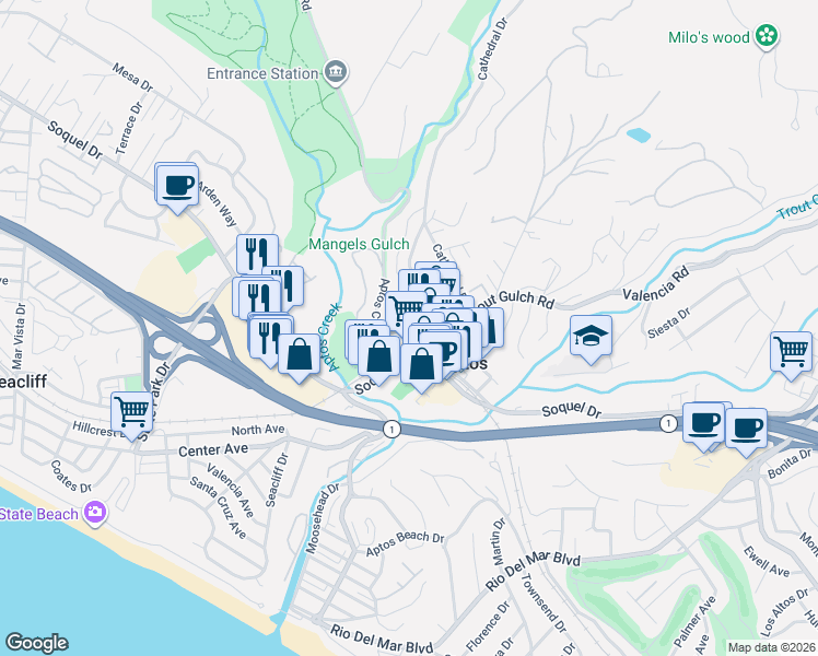 map of restaurants, bars, coffee shops, grocery stores, and more near 8035 Soquel Drive in Aptos
