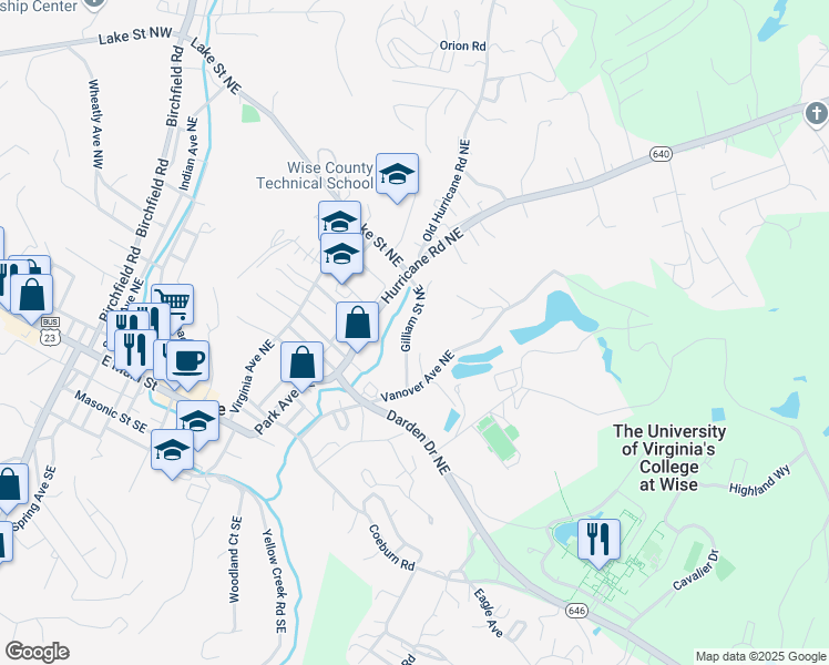 map of restaurants, bars, coffee shops, grocery stores, and more near 711-799 Gilliam St NE in Wise