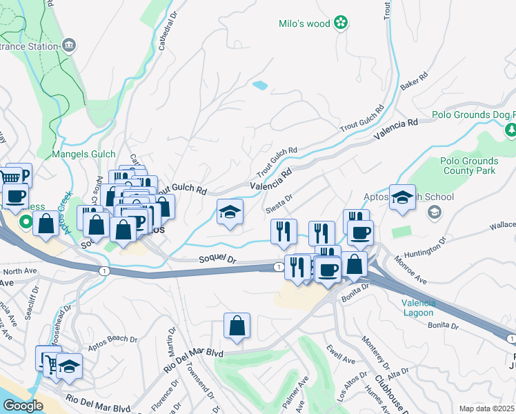 map of restaurants, bars, coffee shops, grocery stores, and more near 225 Aptos School Road in Aptos