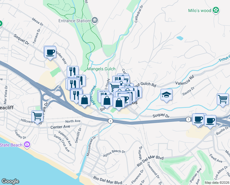 map of restaurants, bars, coffee shops, grocery stores, and more near 131 Aptos Village Way in Aptos