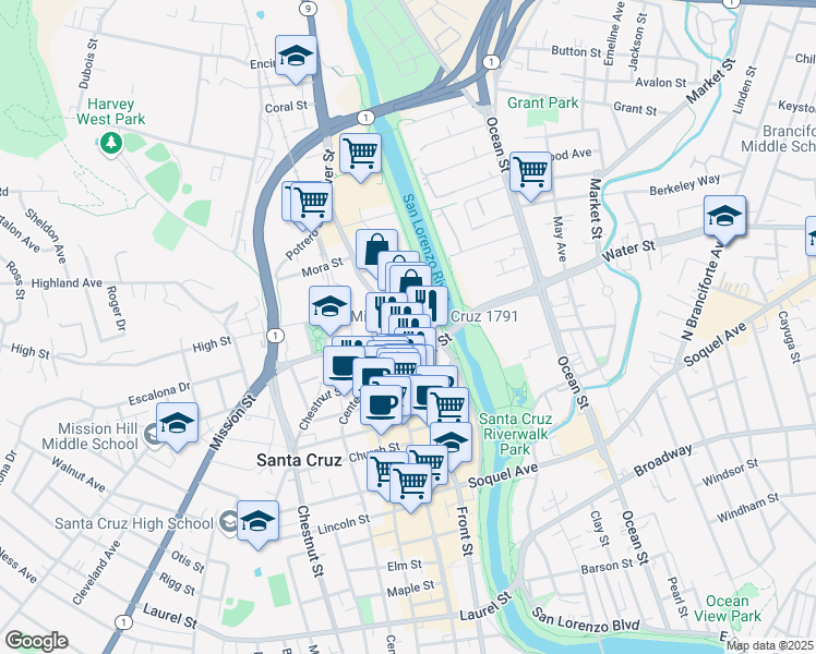 map of restaurants, bars, coffee shops, grocery stores, and more near 120 Bulkhead Street in Santa Cruz