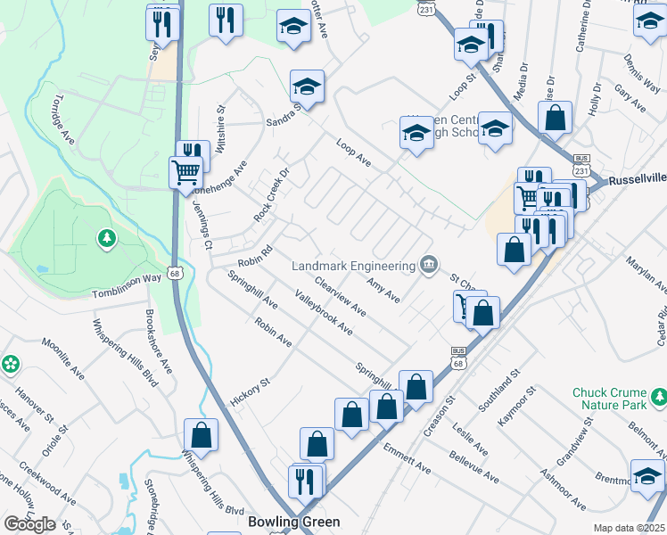 map of restaurants, bars, coffee shops, grocery stores, and more near 212 Amy Avenue in Bowling Green