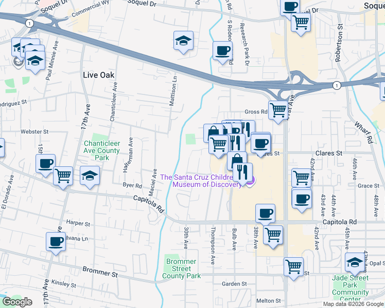 map of restaurants, bars, coffee shops, grocery stores, and more near 1987 Newport Avenue in Santa Cruz