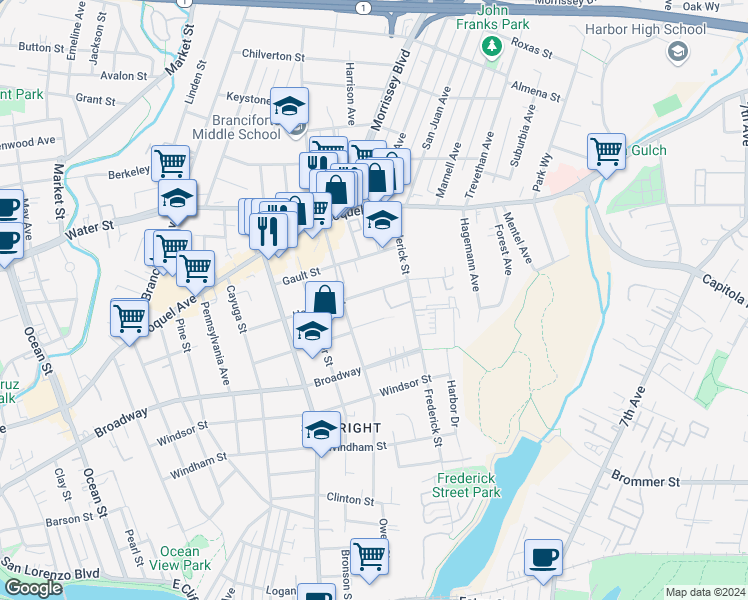 map of restaurants, bars, coffee shops, grocery stores, and more near 425 Effey Street in Santa Cruz