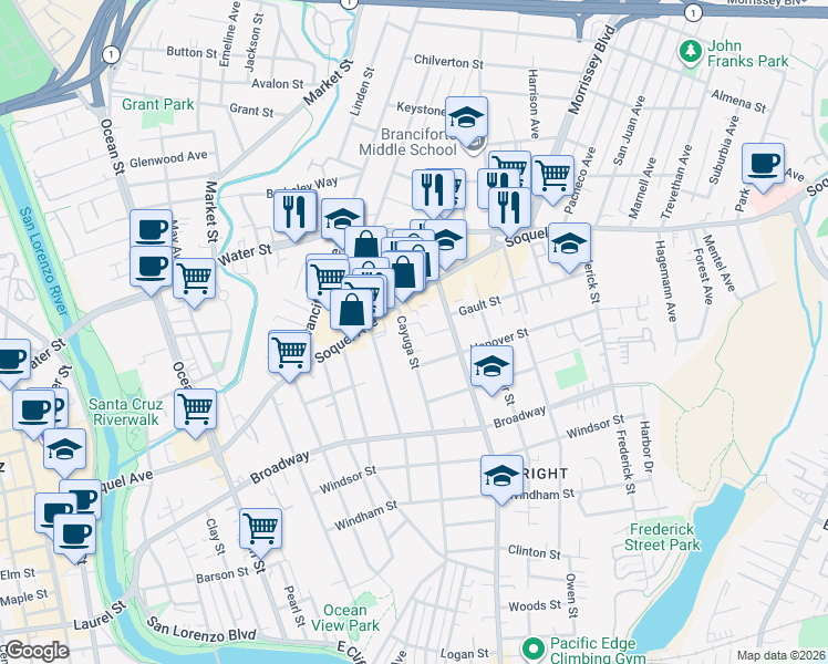 map of restaurants, bars, coffee shops, grocery stores, and more near 1024 Cayuga Street in Santa Cruz