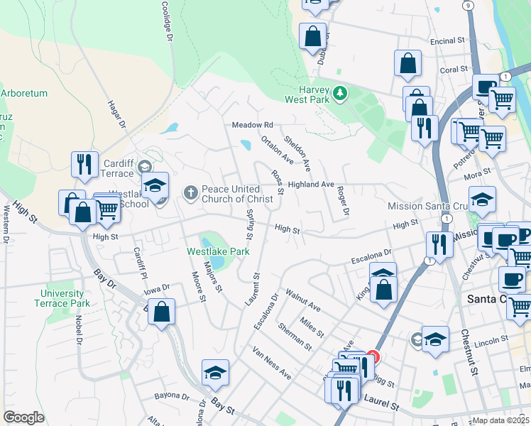 map of restaurants, bars, coffee shops, grocery stores, and more near 716 High Street in Santa Cruz