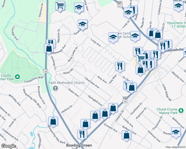 map of restaurants, bars, coffee shops, grocery stores, and more near 144 Amy Avenue in Bowling Green