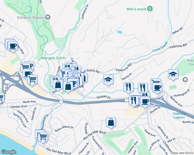 map of restaurants, bars, coffee shops, grocery stores, and more near 15 Oak Shadows Lane in Aptos